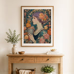 Finished vintage floral goddess cross stitch artwork displayed as home decor