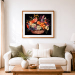 Finished vintage flower basket cross stitch artwork displayed as home decor