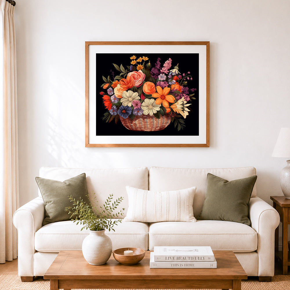 Finished vintage flower basket cross stitch artwork displayed as home decor