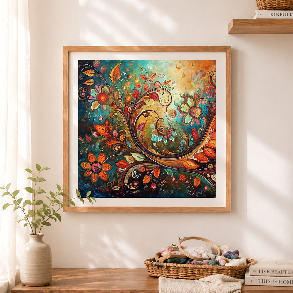 Finished vintage folk floral swirls cross stitch artwork displayed as home decor