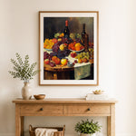 Finished vintage fruit and wine cross stitch artwork displayed as home decor