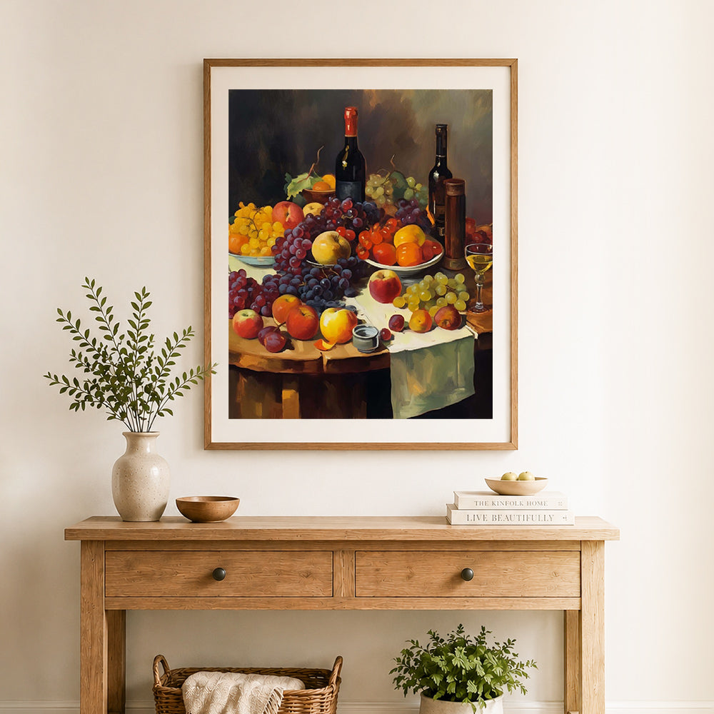 Finished vintage fruit and wine cross stitch artwork displayed as home decor