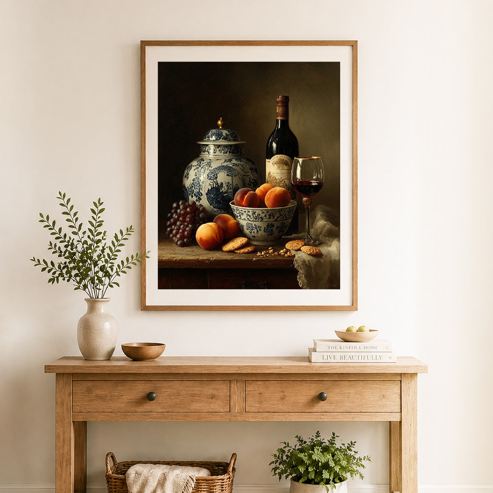 Finished vintage fruit wine still life cross stitch artwork displayed as home decor