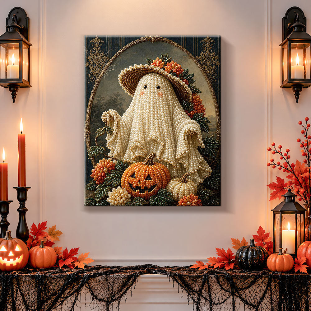 Finished vintage ghost wearing straw hat pearl diamond painting artwork displayed as holiday home decor