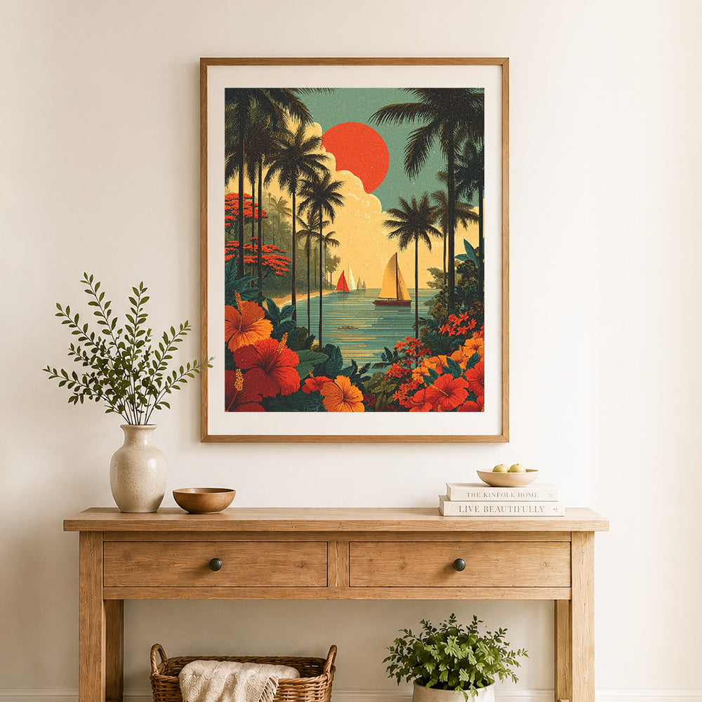 Finished vintage hawaiian coast cross stitch artwork displayed as home decor