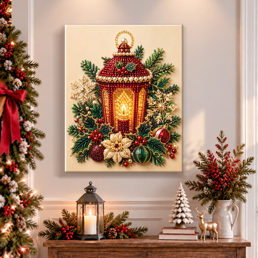 Finished vintage holiday lantern pearl diamond painting artwork displayed as holiday home decor