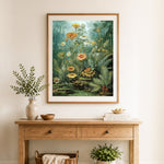 Finished vintage jungle botanics cross stitch artwork displayed as home decor