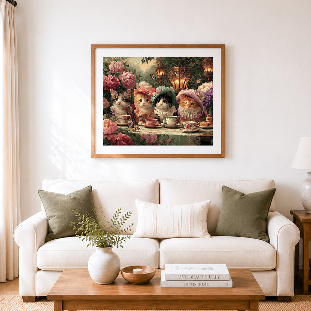 Finished vintage kittens tea party with flowers cross stitch artwork displayed as home decor