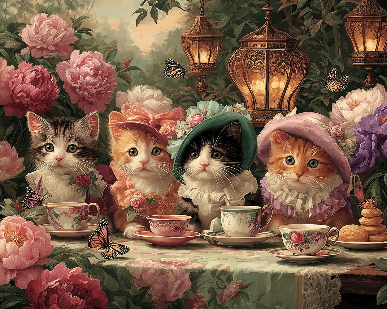 Vintage kittens tea party with flowers cross stitch kit for beginners