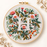 Vintage leaf blooms and letter h embroidery kit