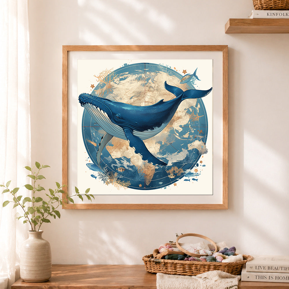 Finished vintage map blue whale cross stitch artwork displayed as home decor