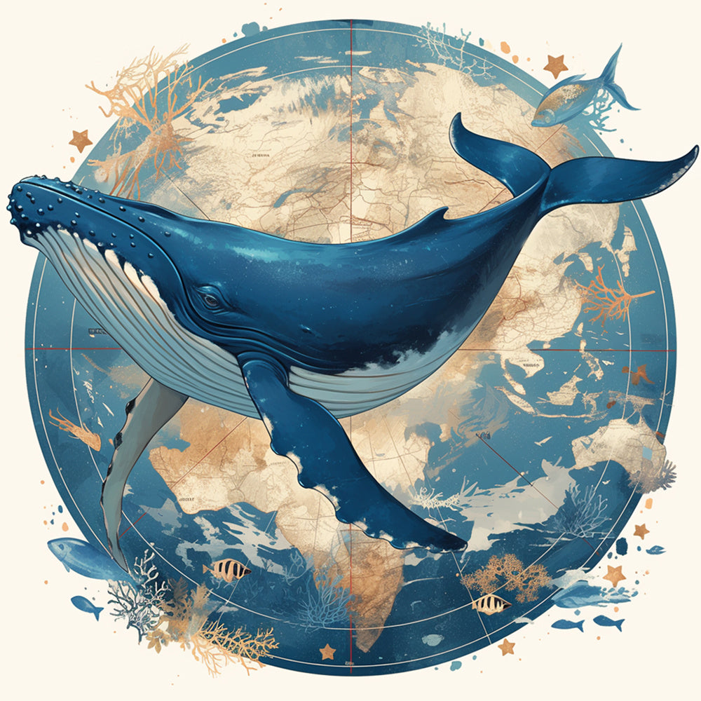 Vintage map blue whale cross stitch kit for beginners