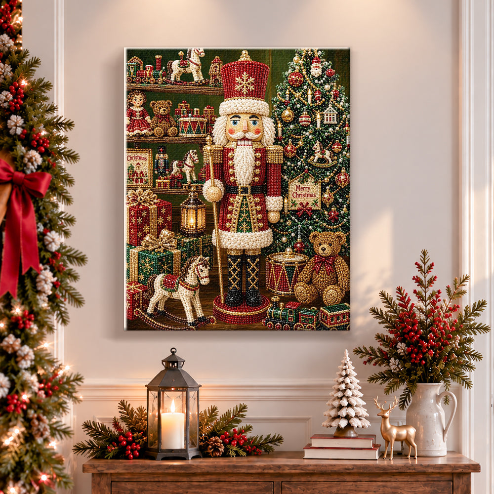 Finished vintage nutcracker christmas scene pearl diamond painting artwork displayed as holiday home decor