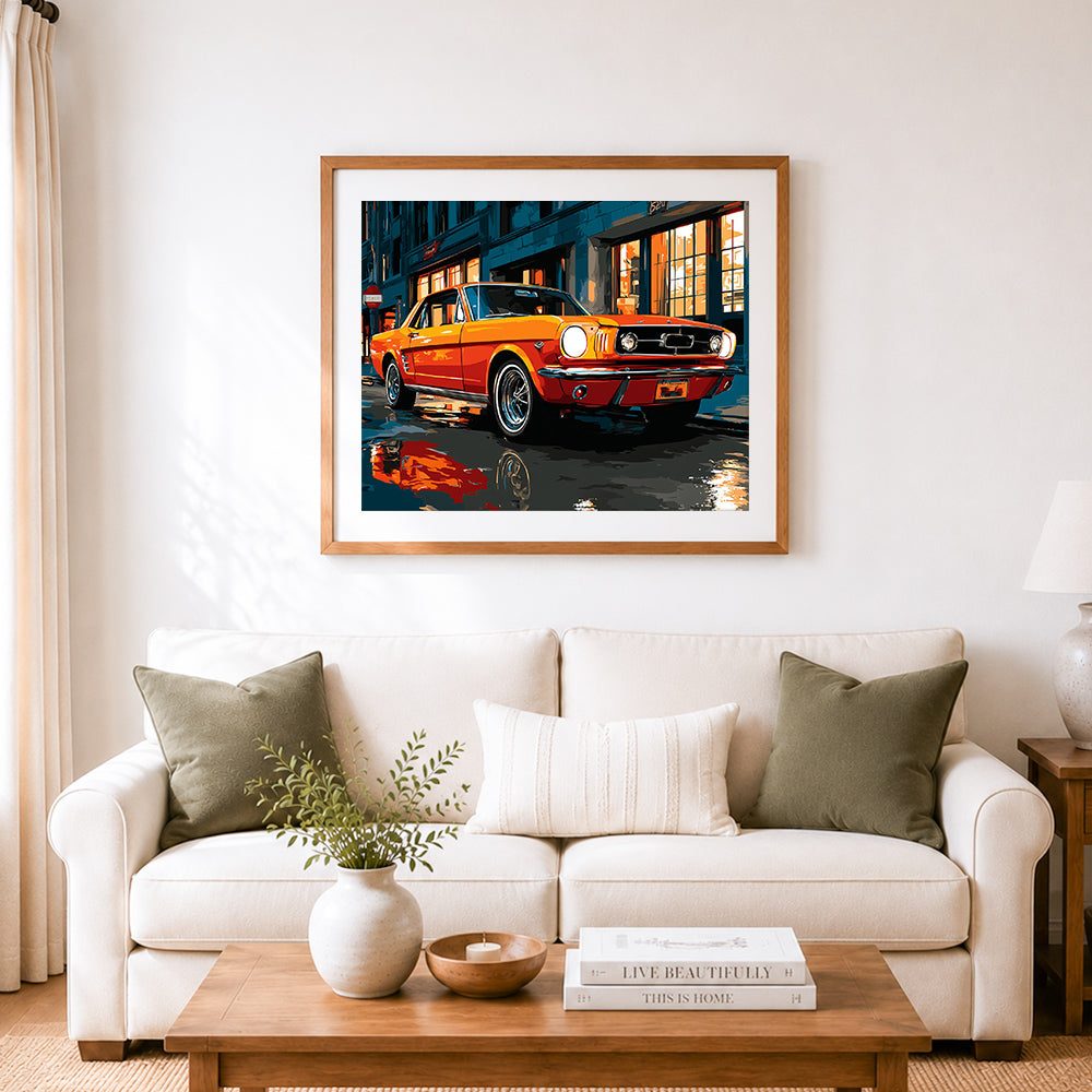 Finished vintage orange classic car paint by numbers artwork displayed as home decor