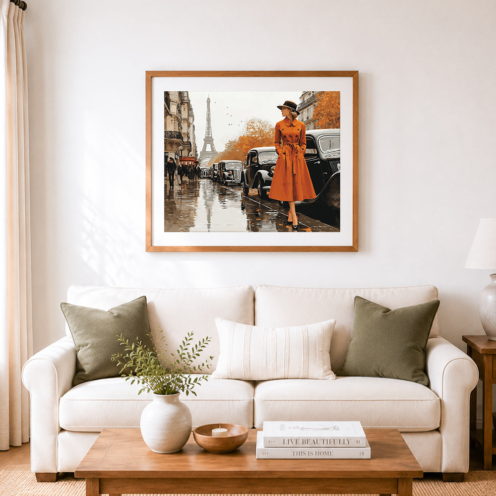 Finished vintage paris autumn street cross stitch artwork displayed as home decor