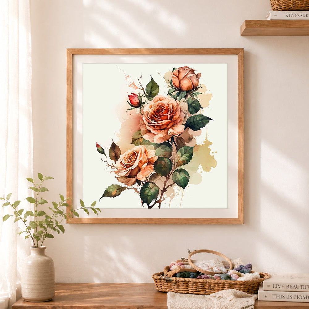 Finished vintage peach roses cross stitch artwork displayed as home decor