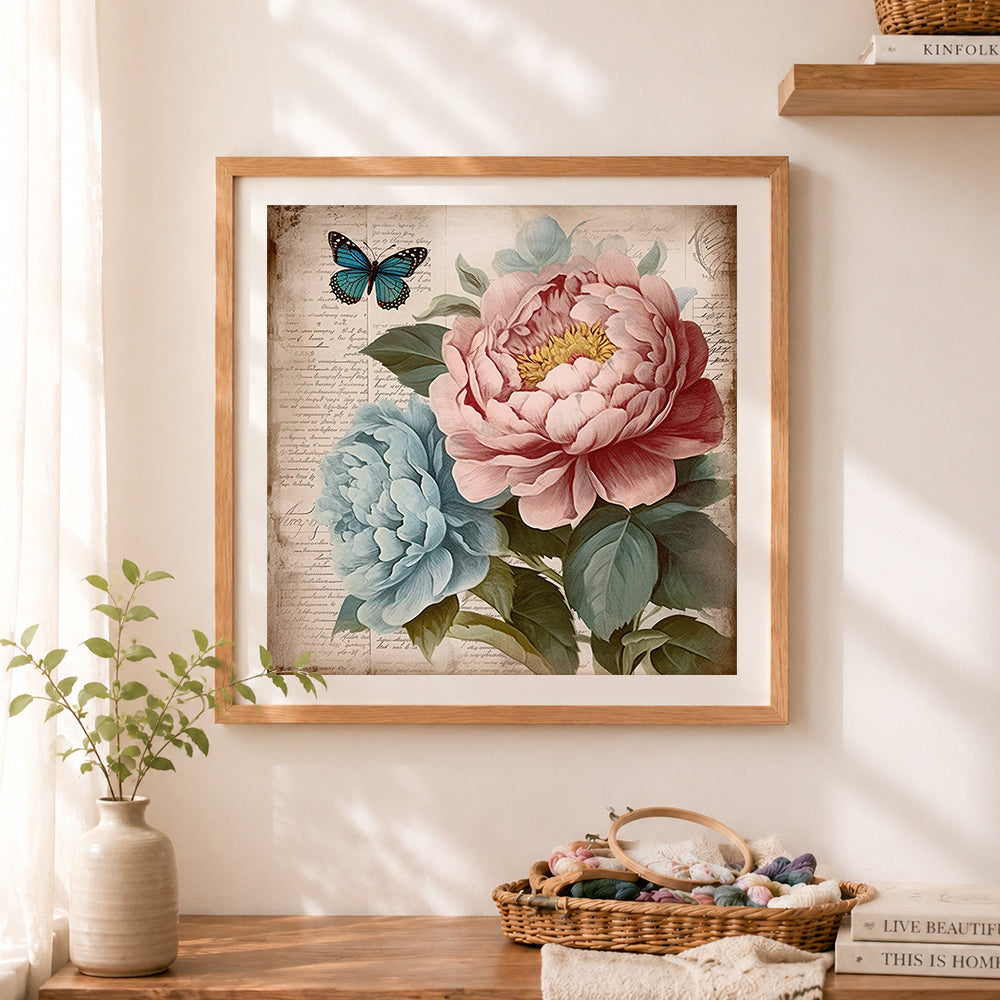Finished vintage peony with blue butterfly cross stitch artwork displayed as home decor