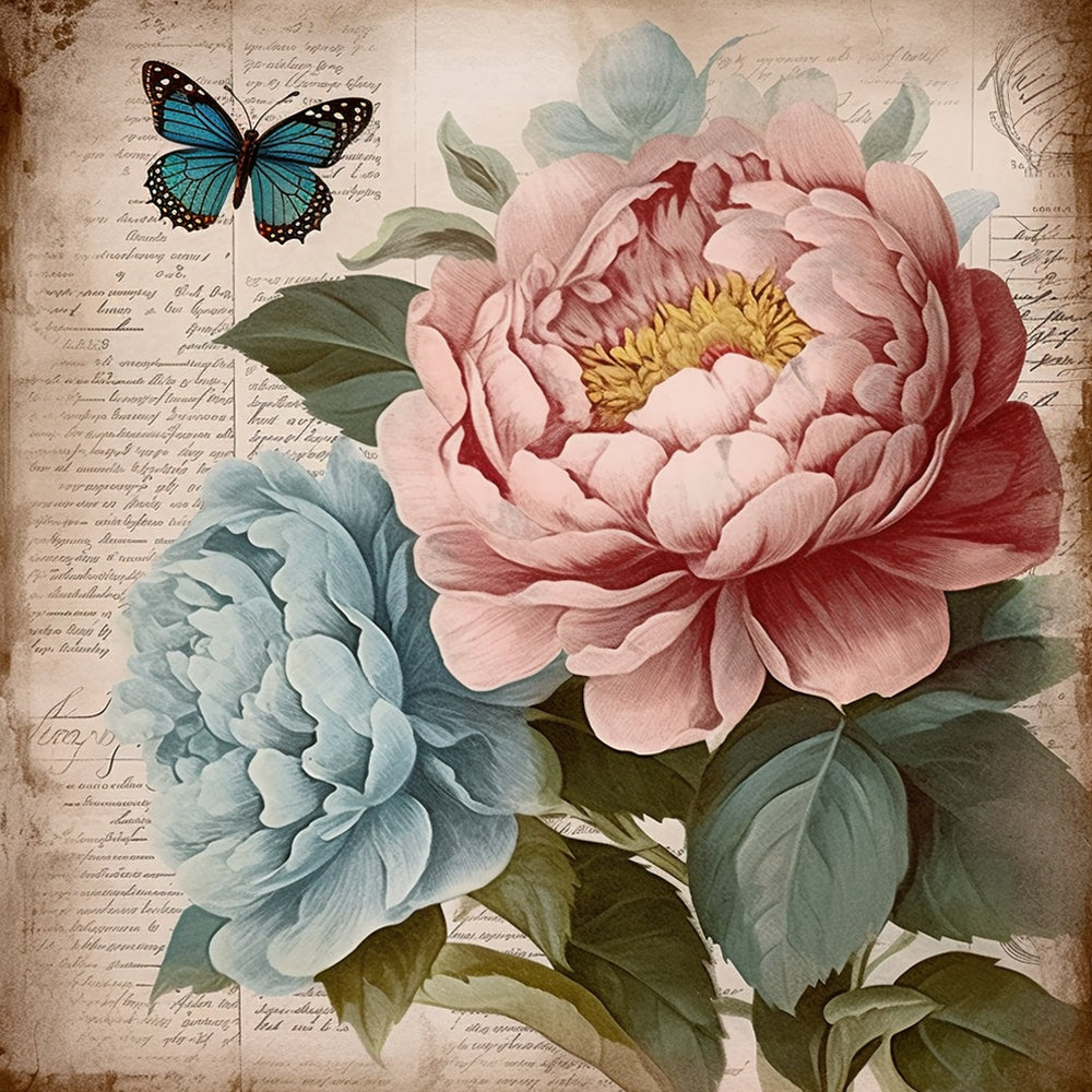 Vintage peony with blue butterfly cross stitch kit for beginners