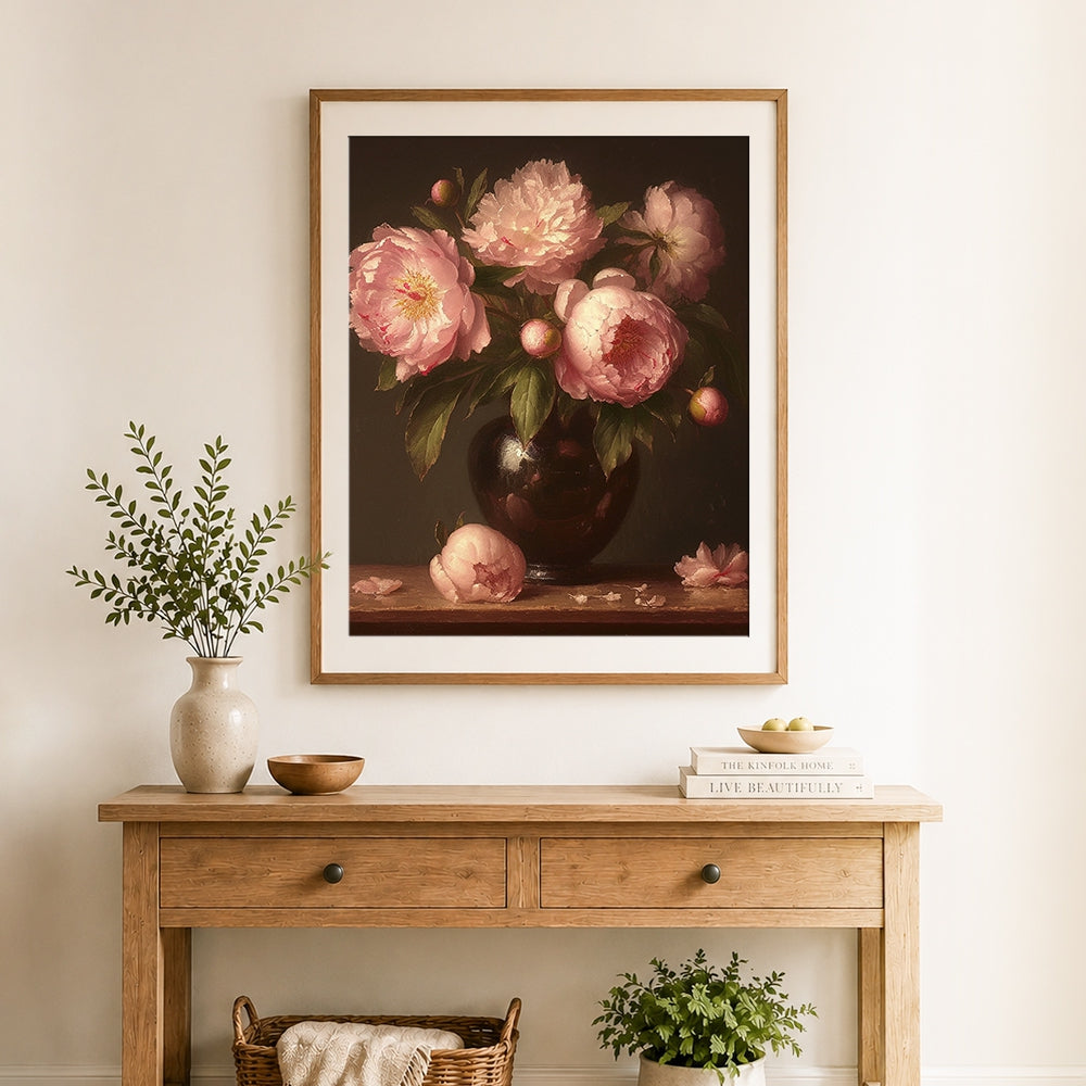 Finished vintage pink peonies in vase cross stitch artwork displayed as home decor