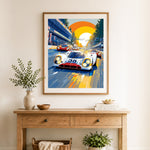 Finished vintage race car rally cross stitch artwork displayed as home decor