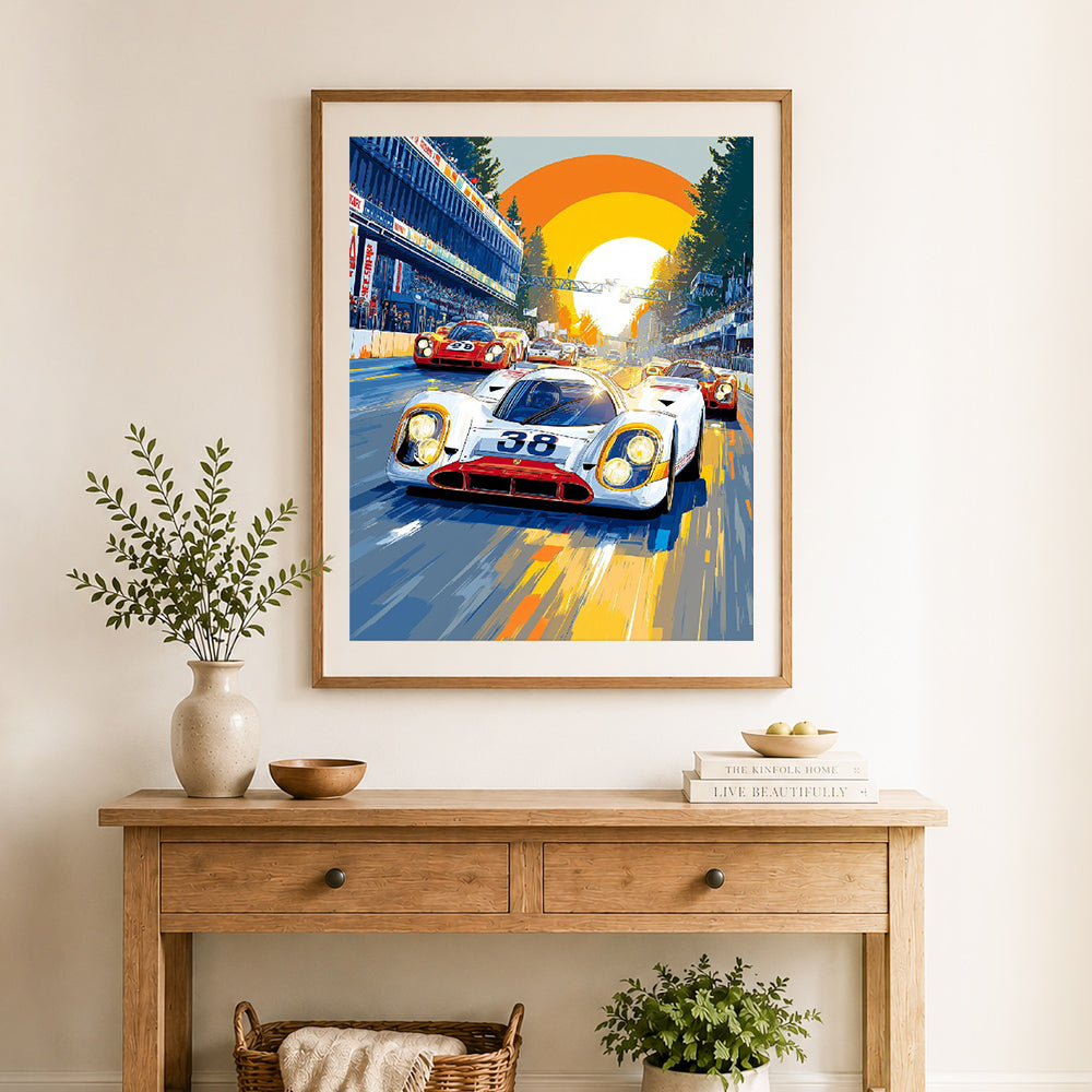 Finished vintage race car rally cross stitch artwork displayed as home decor