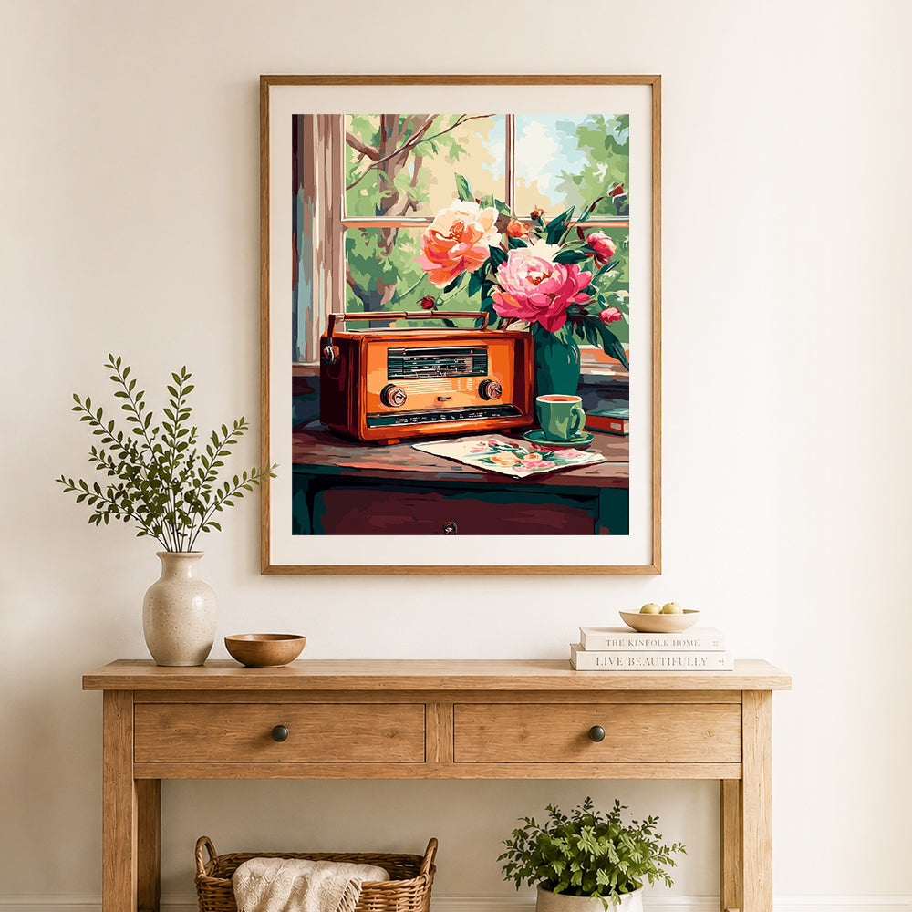 Finished vintage radio spring still life cross stitch artwork displayed as home decor
