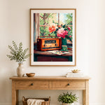 Finished vintage radio spring still life cross stitch artwork displayed as home decor