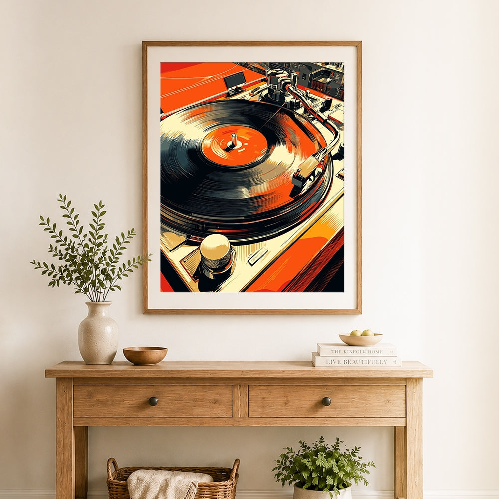 Finished vintage record player turntable paint by numbers artwork displayed as home decor