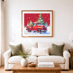 Finished vintage red christmas truck cross stitch artwork displayed as home decor