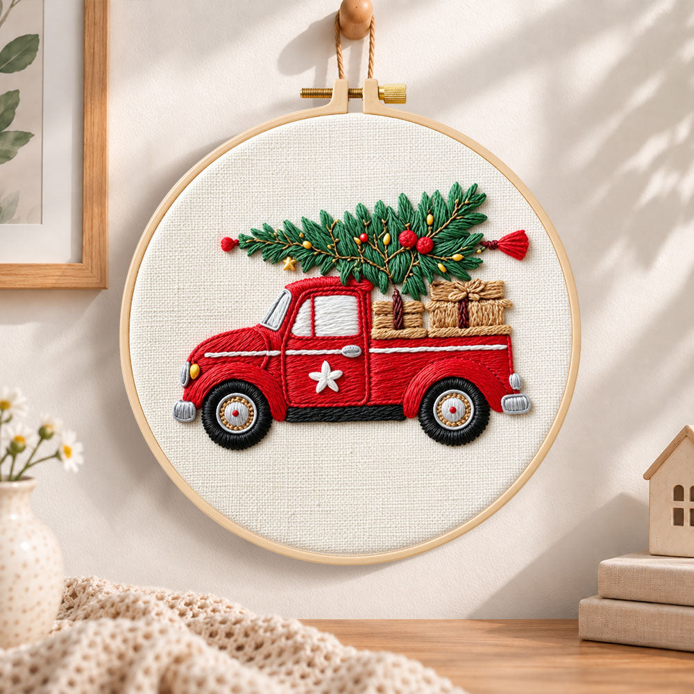 Vintage red christmas truck embroidery hoop wall art displayed as warm and cozy handmade home decor