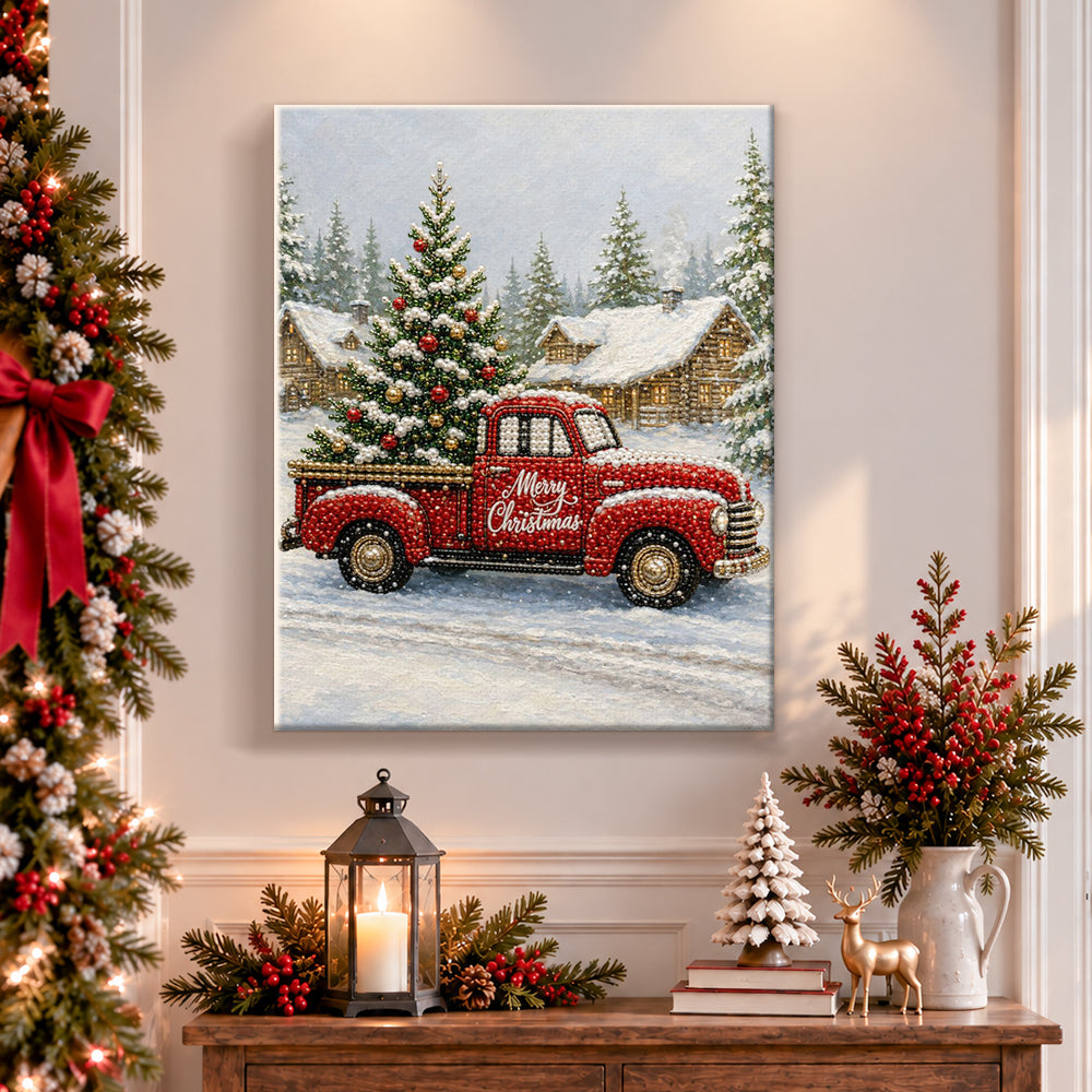 Finished vintage red christmas truck pearl diamond painting artwork displayed as holiday home decor