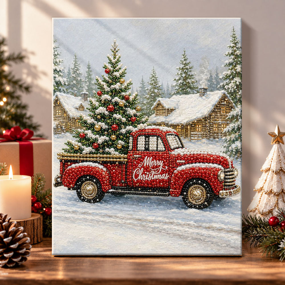 Vintage red christmas truck pearl diamond painting kit for beginners