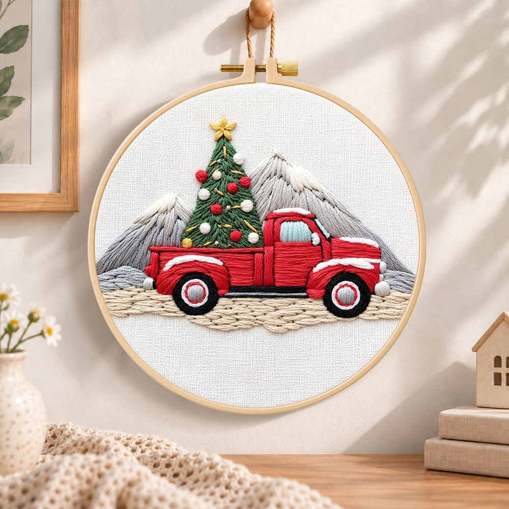 Vintage red pickup truck embroidery kit