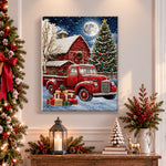 Finished vintage red truck christmas scene pearl diamond painting artwork displayed as holiday home decor