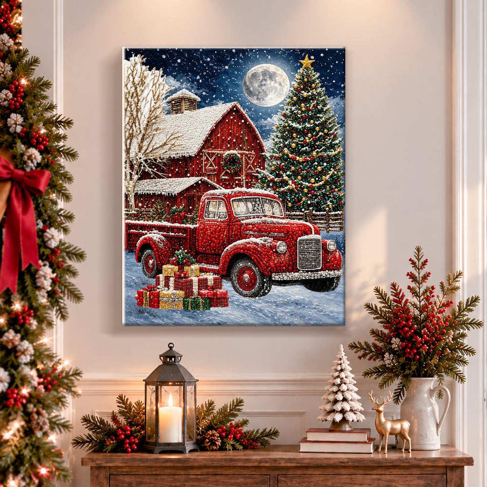 Finished vintage red truck christmas scene pearl diamond painting artwork displayed as holiday home decor