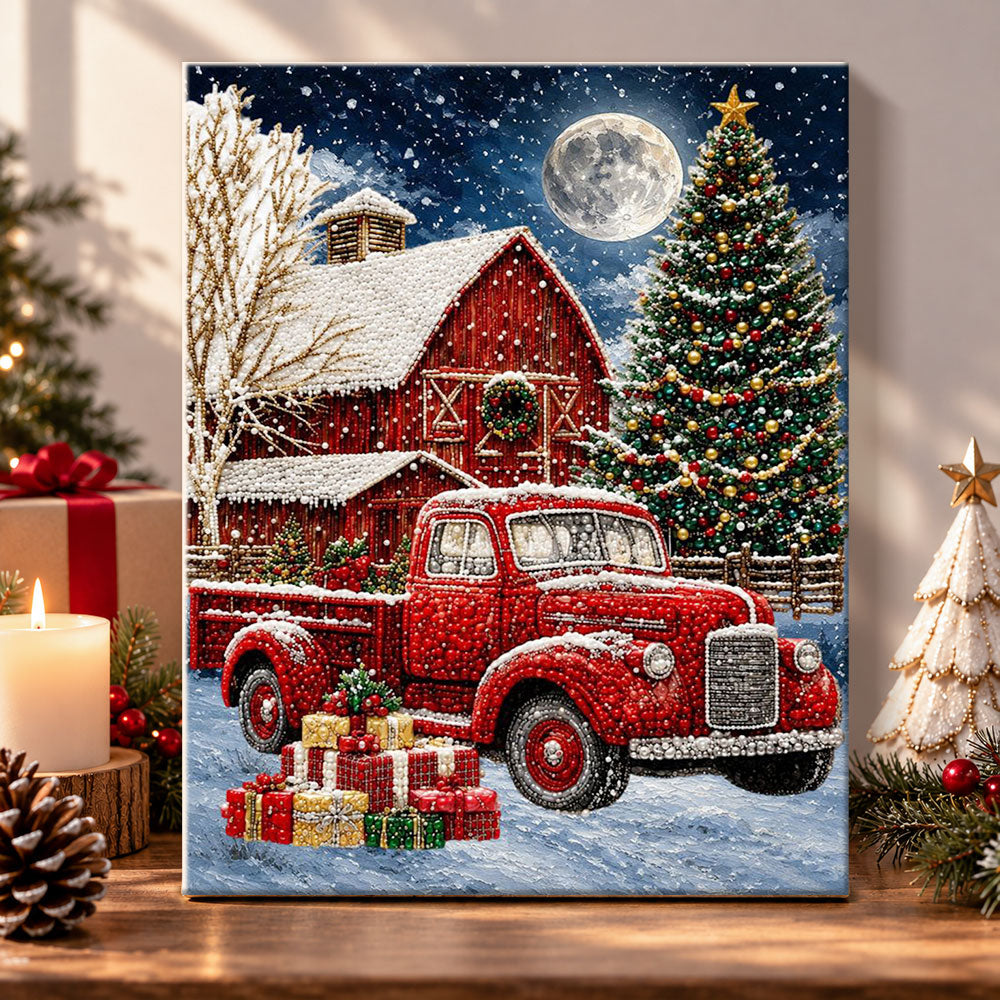 Vintage red truck christmas scene pearl diamond painting kit for beginners