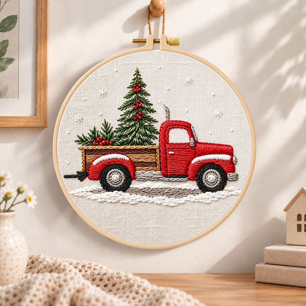 Vintage red truck embroidery hoop wall art displayed as warm and cozy handmade home decor