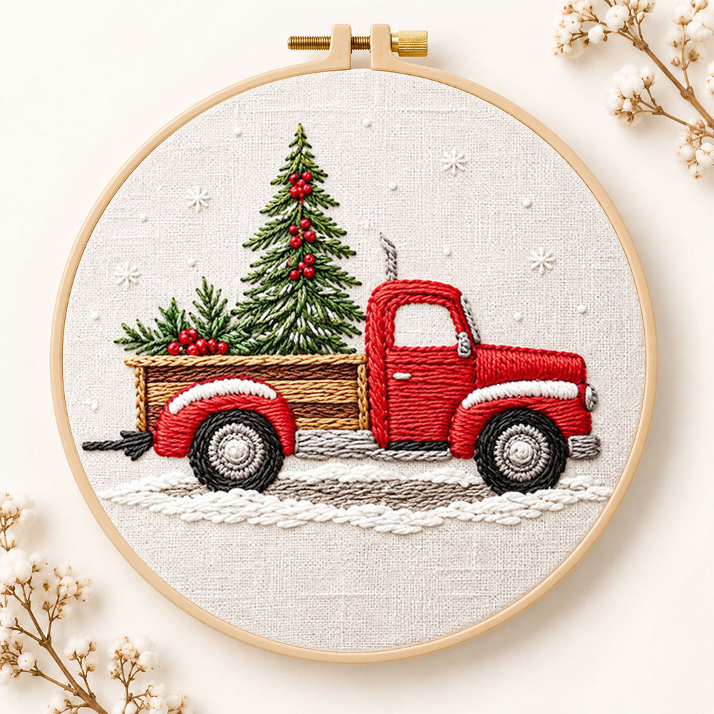 Vintage red truck embroidery kit
