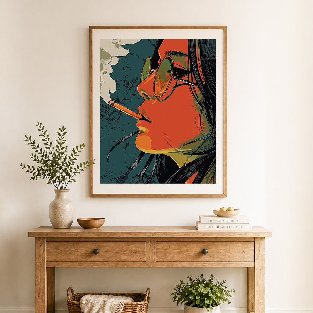 Finished vintage retro vibe cross stitch artwork displayed as home decor