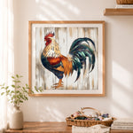 Finished vintage rooster on wooden planks cross stitch artwork displayed as home decor