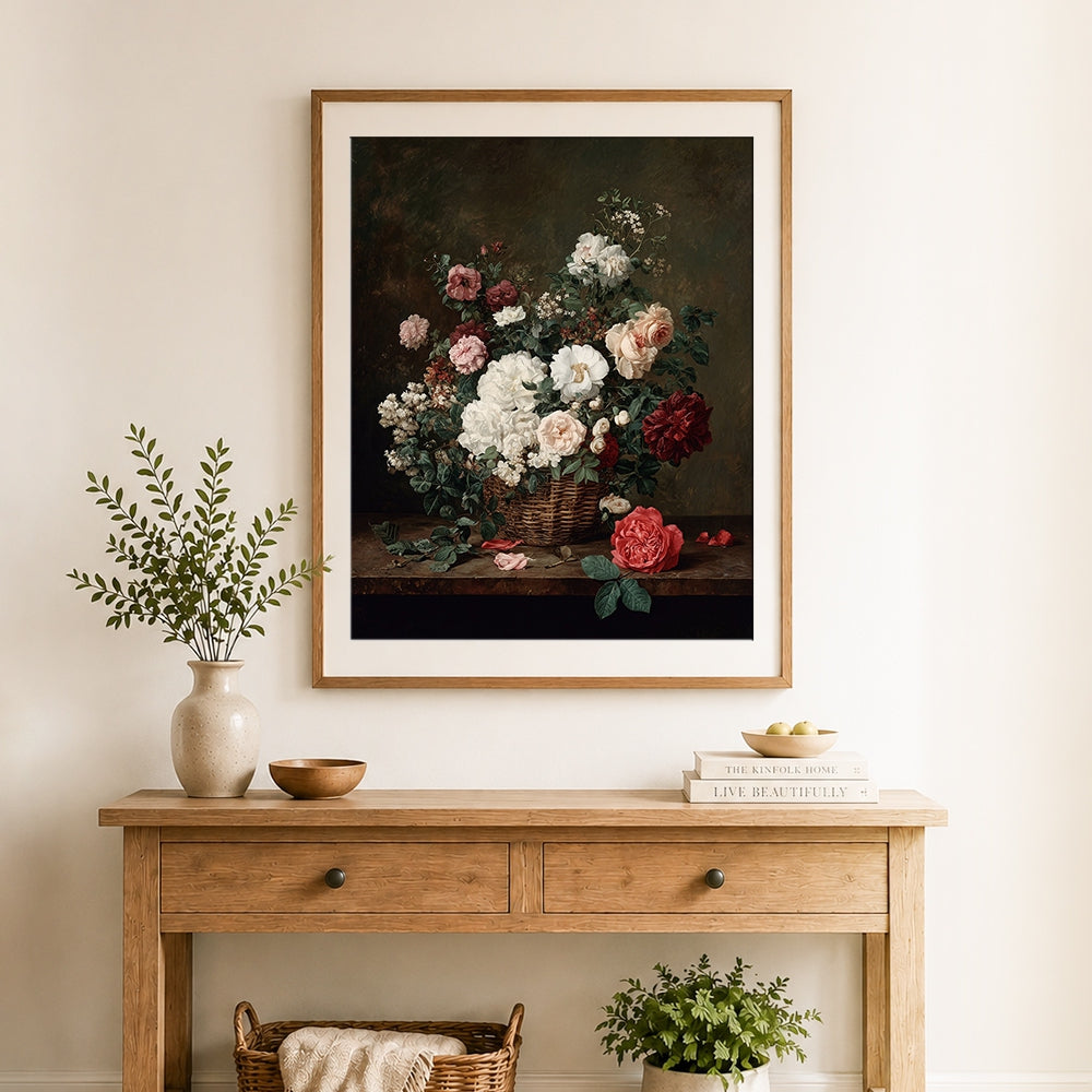 Finished vintage rose basket still life cross stitch artwork displayed as home decor
