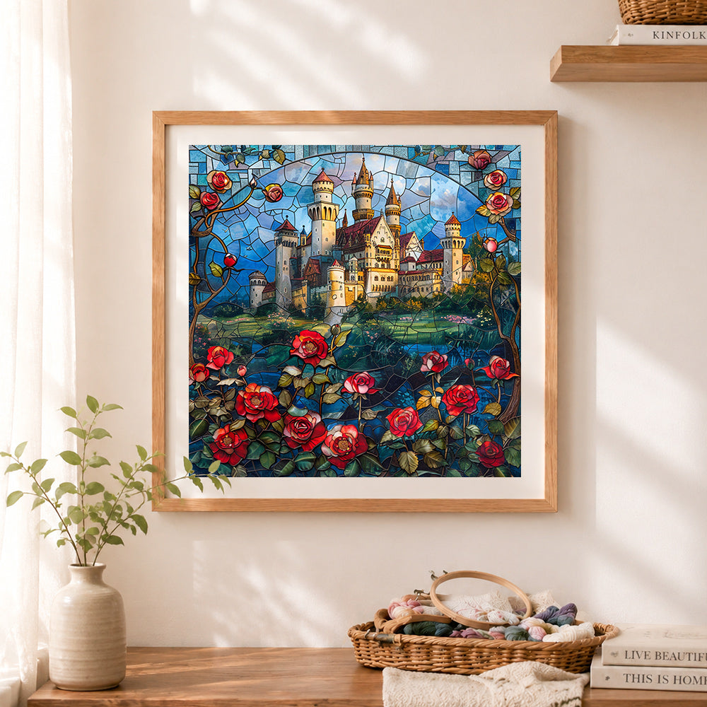 Finished vintage stained glass castle art cross stitch artwork displayed as home decor