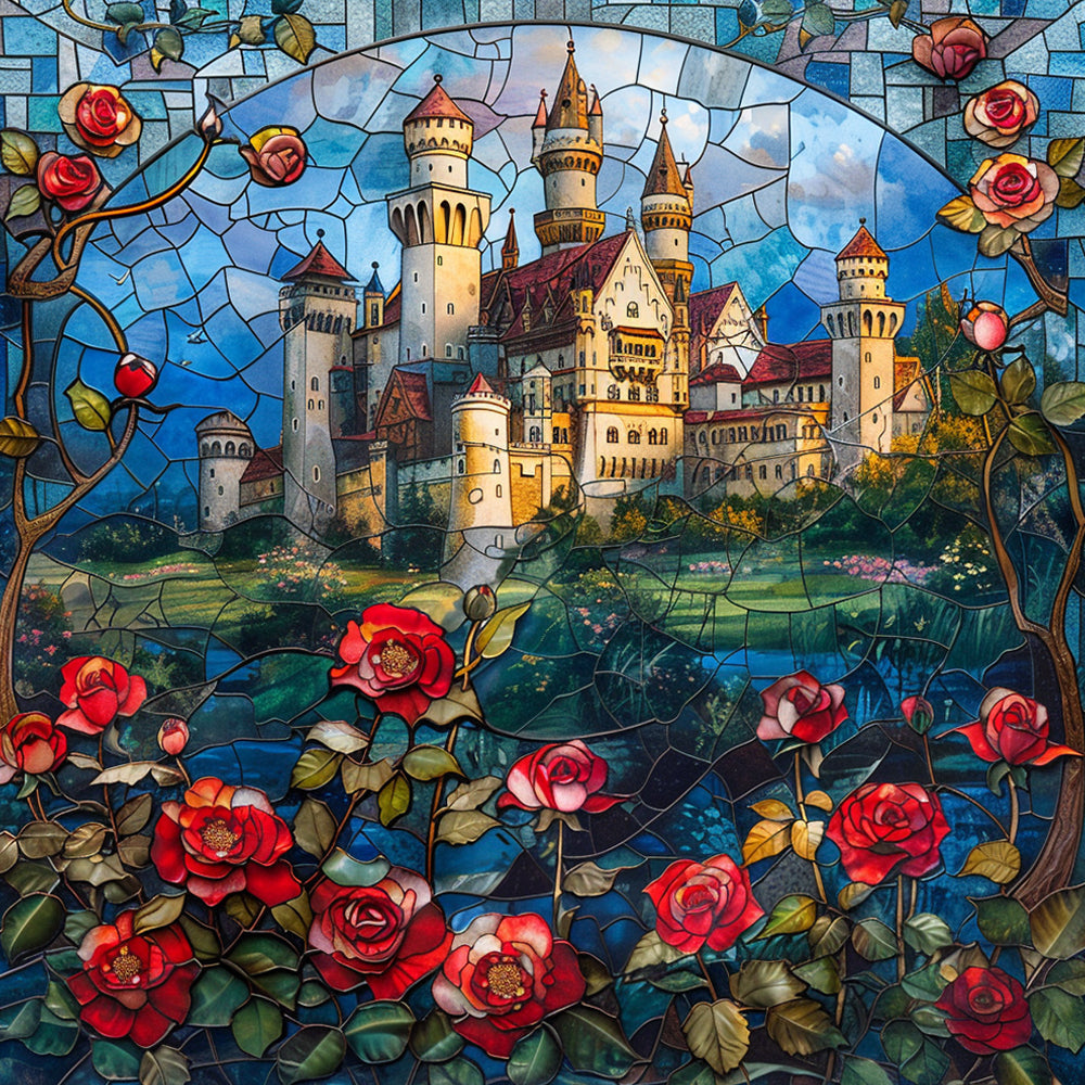 Vintage stained glass castle art cross stitch kit for beginners