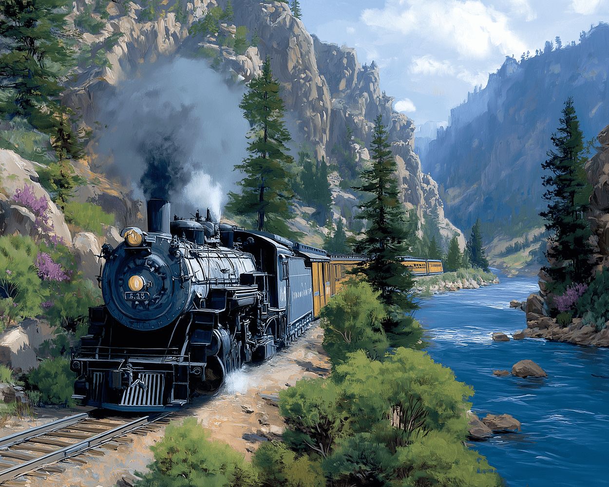 Vintage steam train through mountain canyon cross stitch kit for beginners