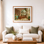 Finished vintage sunroom library cross stitch artwork displayed as home decor