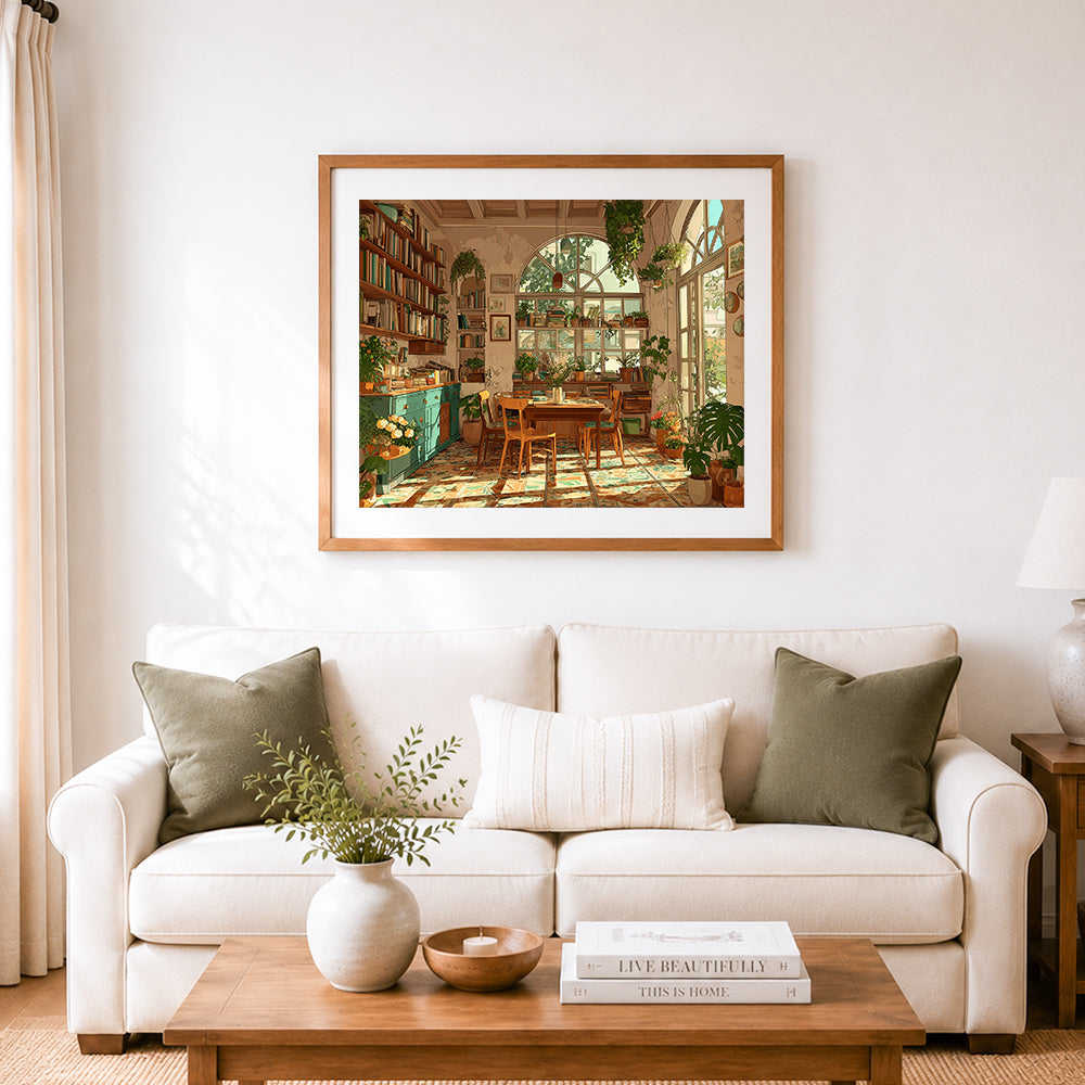 Finished vintage sunroom library cross stitch artwork displayed as home decor