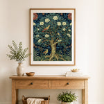 Finished vintage tree and birds cross stitch artwork displayed as home decor