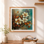 Finished vintage warm toned floral bouquet cross stitch artwork displayed as home decor