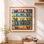 Finished vintage wood butterflies cross stitch artwork displayed as home decor