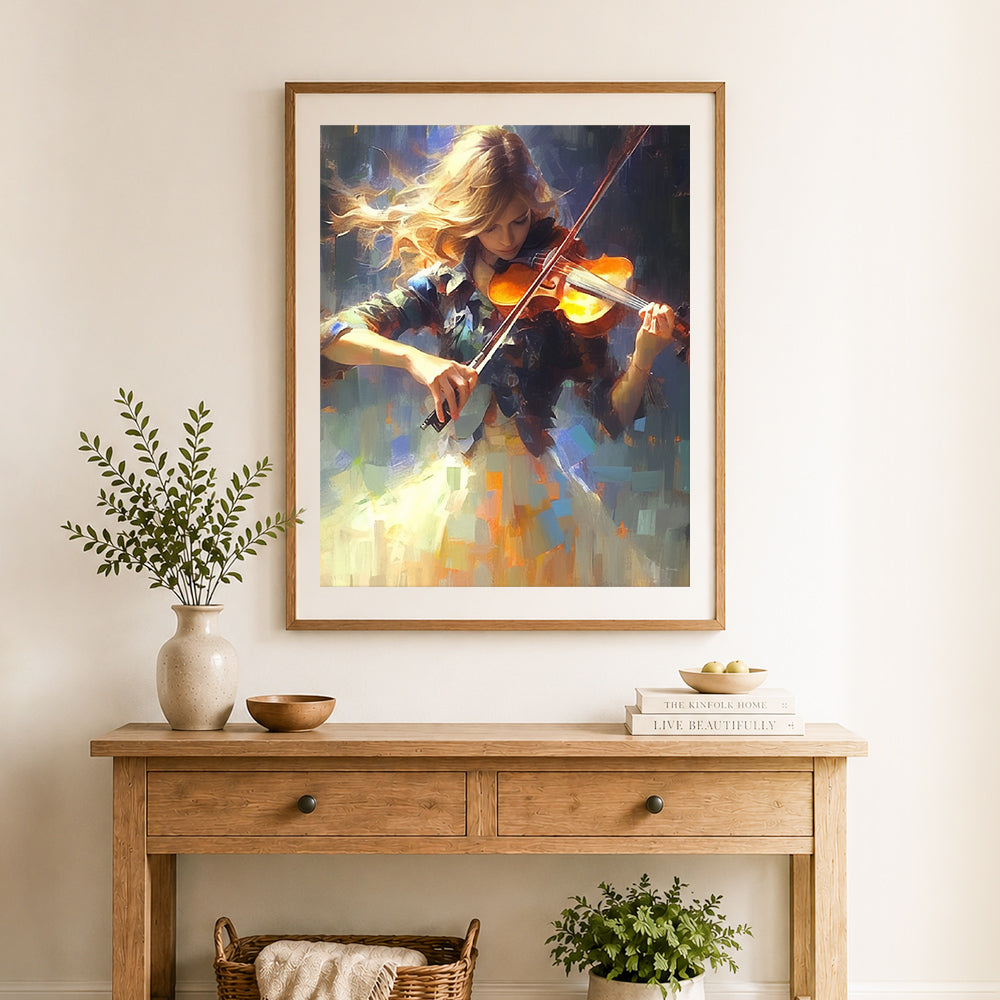 Finished violin melody cross stitch artwork displayed as home decor